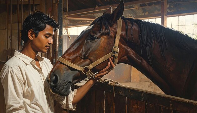 A young man lovingly strokes the head of a chestnut horse inside a dimly lit stable. The warm light suggests intimacy