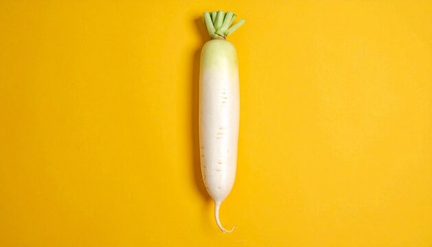 Single fresh white daikon radish isolated on bright yellow background
