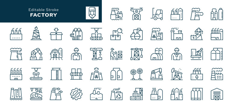Factory outline icons set. Plant, manufacture and production. Line icon in linear style. Vector collection	