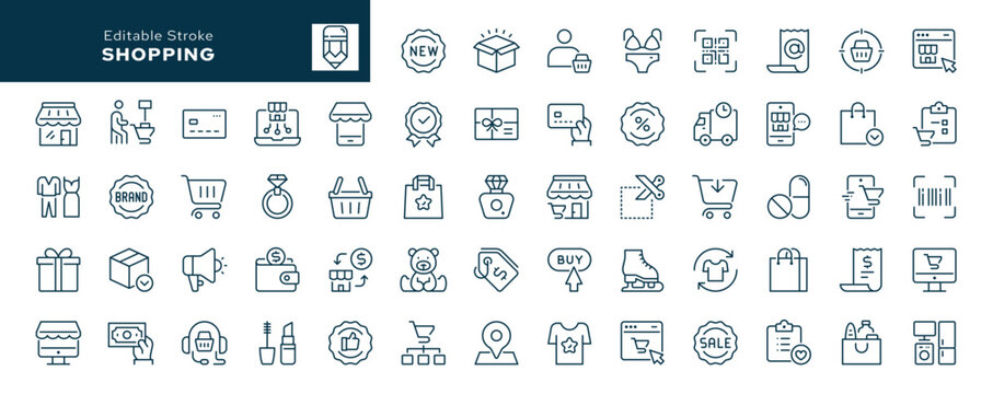 Shopping outline icons set. Shop, store, cart, market, buyer, purchase, goods and more. Line icon in linear style. Vector collection		