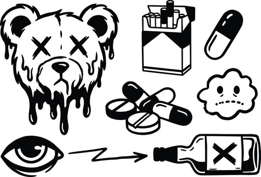 Black and white illustration of various drug paraphernalia and symbols