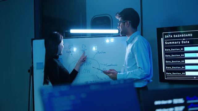 Two IT man and woman developers discuss coding flow on whiteboard in blue light modern tech office. Programmers brainstorm software architecture at night with data dashboards. High-tech business team