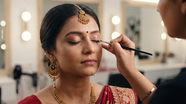 Close-up of a professional makeup artist applying eyeliner to a beautiful Indian bride wearing traditional red saree and gold jewelry. Elegant bridal beauty preparation