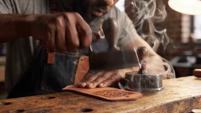 Craftsman stamping logo onto leather with vintage tool