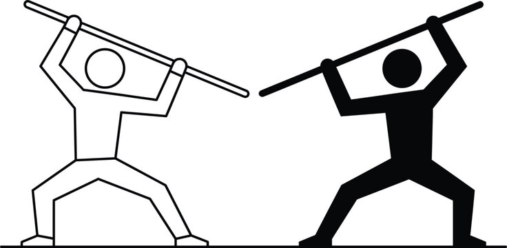 Minimalist stick figure duel concept showing two opposing fighters holding staffs in mirrored combat stance symbolizing balance and rivalry