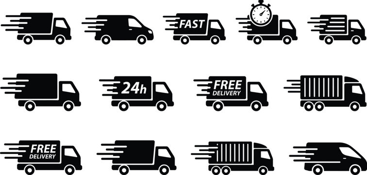 Black delivery truck icons on for logistics and transportation
