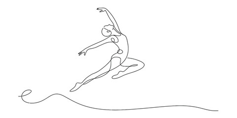 Continuous single line drawing of a graceful ballerina dancing and jumping in a dynamic pose Vector, illustration © Nippon_Art Gallery