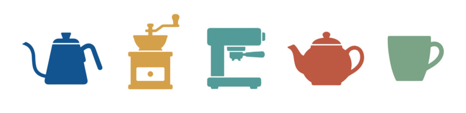 Coffee and tea preparation equipment icons arranged horizontally in a colorful, minimalist graphic illustration, representing various brewing methods and serving items.