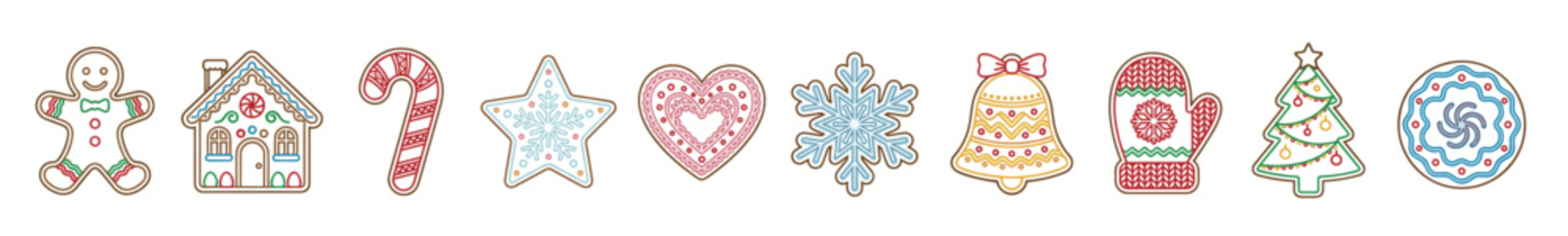 Charming assortment of festive gingerbread cookies, including a man, house, candy cane, star, heart, snowflake, bell, mitten, and Christmas tree, decorated with colorful icing.