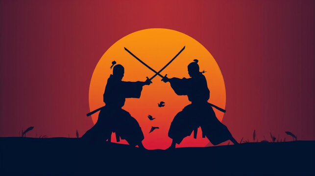 silhouette two samurais fighting in sunset