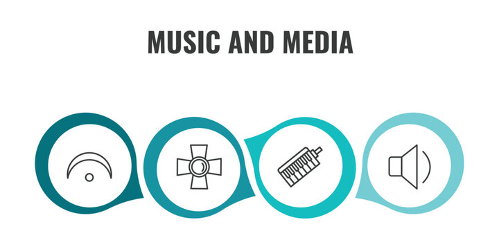 music and media outline icon set. thin line fermata, music spotlight, melodica, low volume speaker icons. editable vector