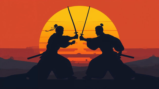silhouette two samurais fighting in sunset