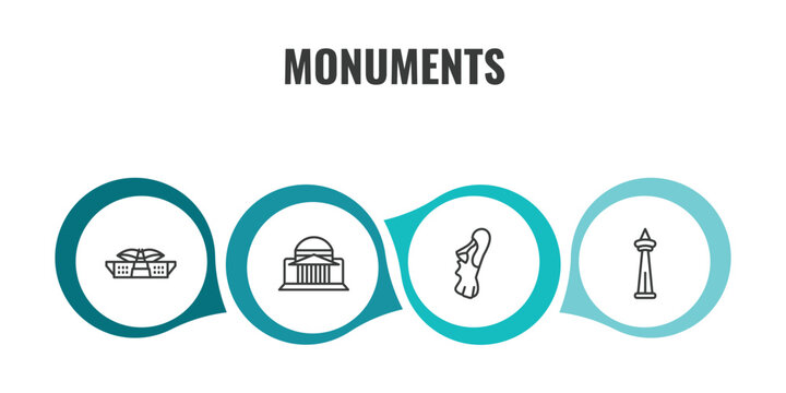 monuments outline icon set. thin line dpr/mpr building, bay, easter island, icons. editable vector