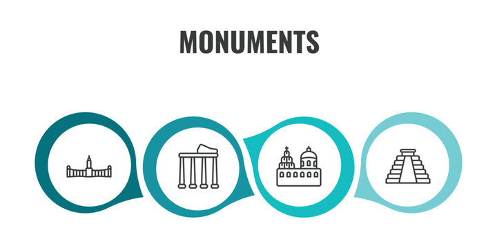 monuments outline icon set. thin line retiro park, temple of apollo, blue domed churches, maya pyramid icons. editable vector