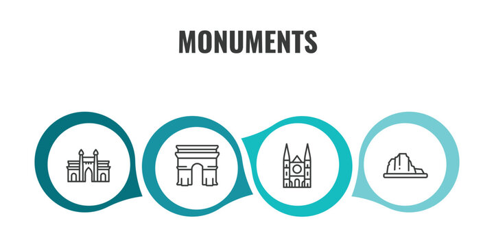 monuments outline icon set. thin line gat of india, arc of triomphe, chartres cathedral, canyon icons. editable vector