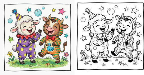 Fototapeta premium Adorable Cartoon Lamb and Cow in Costumes Playing Together