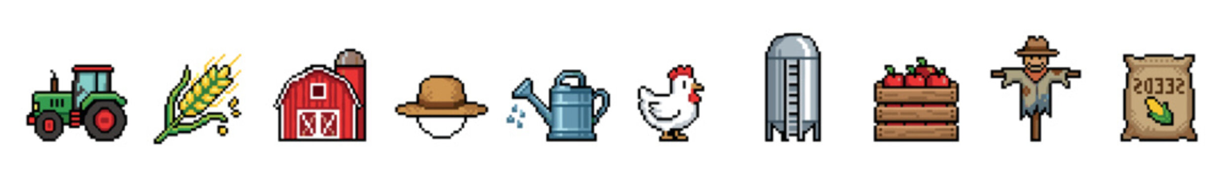 Pixel art farming agriculture elements collection features various rural items like a tractor, barn, wheat, chicken, and scarecrow in a charming retro game style.