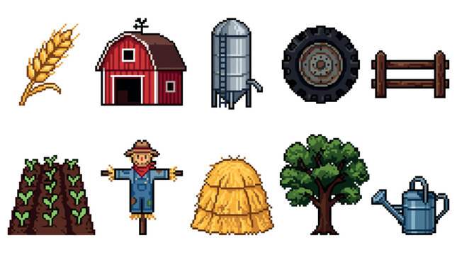 Pixel art farming elements collection featuring barn, silo, wheat, tractor wheel, fence, crops, scarecrow, haystack, tree, and watering can.