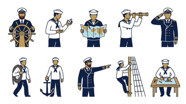 Various illustrations of sailors and a captain performing various nautical tasks and duties, representing maritime professions and adventures.