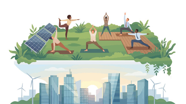 Healthy living and sustainable energy coexist with a modern cityscape and vibrant green spaces promoting well-being and environmental consciousness