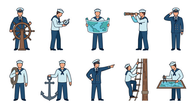 Various cartoon sailors and captains engaged in maritime activities, including navigation, steering, and exploration, representing different roles and tasks at sea.