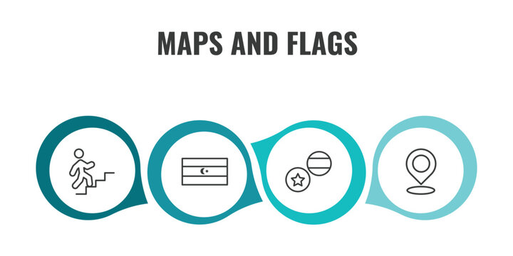 maps and flags outline icon set. thin line walking up stair, square flag, flags, locato icons. editable vector