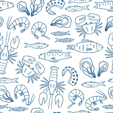 Seamless Mediterranean seafood pattern. Background for packaging, textile, menu