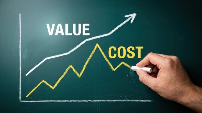 Business value and cost graph on chalkboard, hand drawing financial growth chart with chalk, economic analysis and profit margin concept