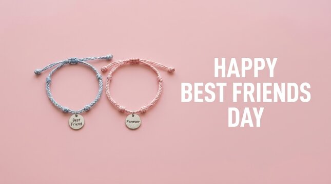 Happy Best Friends Day greeting card, friendship bracelets with Best Friend and Forever charms, pink and blue braided jewelry on pastel background