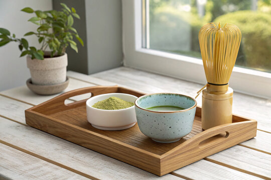 Traditional Matcha Green Tea Set with Bamboo Whisk &ndash; Japanese Matcha Powder and Tea Ceremony on Wooden Tray