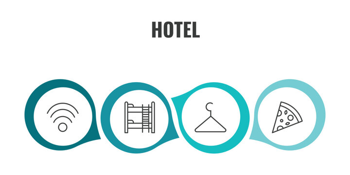 hotel outline icon set. thin line free wifi, bunk, checkroom, pizza icons. editable vector