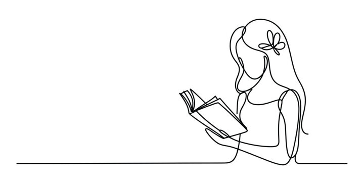 Continuous single line drawing of a young woman reading a book Vector, illustration