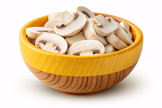 Fresh Sliced White Button Mushrooms in Wooden Bowl Isolated on White Background | Healthy Organic Vegetable Food Photography