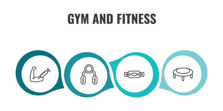 gym and fitness outline icon set. thin line steroids, sport expander, fitness belt, trampoline icons. editable vector