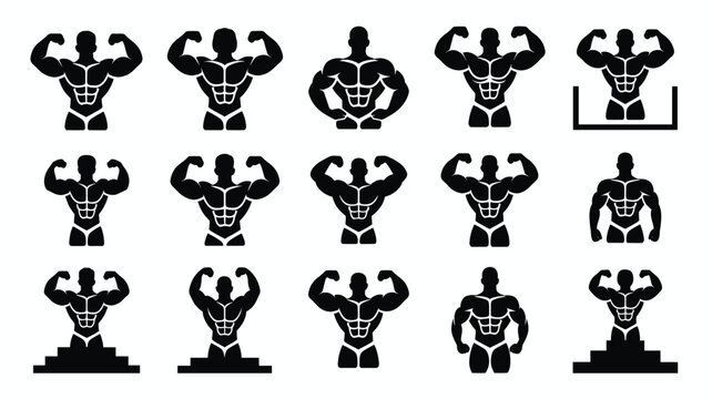 Set of 15 Black Bodybuilder Silhouettes Vector Icons