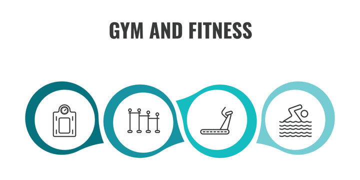 gym and fitness outline icon set. thin line weighing scale, horizontal bar, running hine, man swimming icons. editable vector