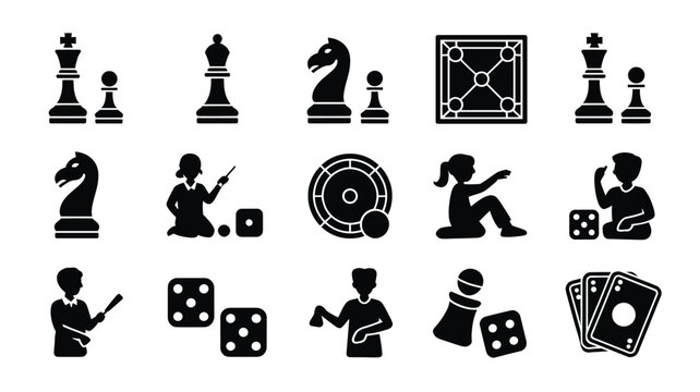 Set of 15 Black Board Games and Dice Icons Vector