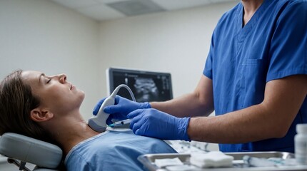 medical procedure visualization, a clinician performing a stellate ganglion block on a patients neck using ultrasound