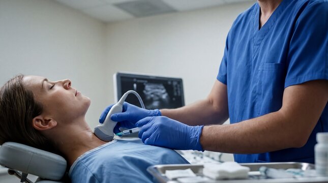 medical procedure visualization, a clinician performing a stellate ganglion block on a patients neck using ultrasound