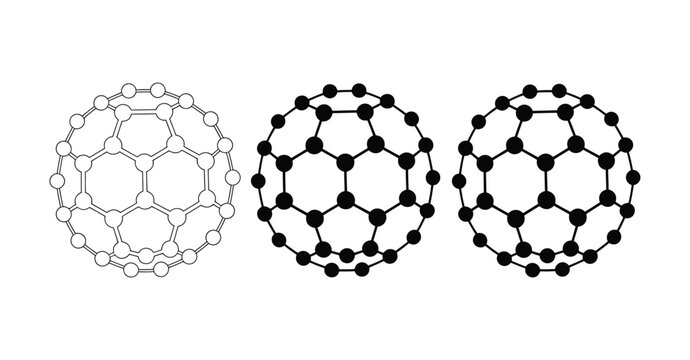 C60 fullerene molecule vector collection, Buckminsterfullerene structure icons in outline filled and dotted styles, nanotech and molecular science symbols, educational chemistry illustration, modern v