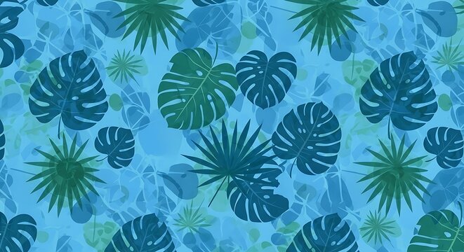 Vibrant blue pattern with lush green tropical leaves and water ripple effect
