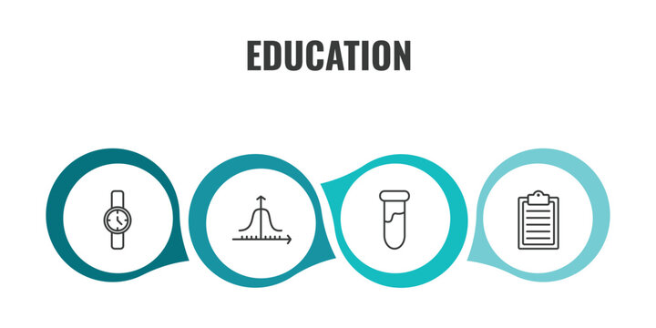 education outline icon set. thin line watch, gaussian function, tube, written clipboard icons. editable vector