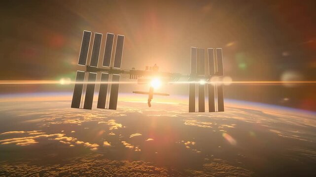 low-orbit space station passing above Earth at golden hour, station centered with detailed truss and docking nodes, solar arrays angled to catch sunlight
