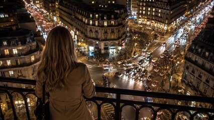 Obraz premium Night City Reflection. Woman Watches Illuminated Urban Scene. Quiet Evening Viewing City Lights From Balcony. Woman Observes Brightly Lit Streets Beneath Peaceful Nighttime Sky