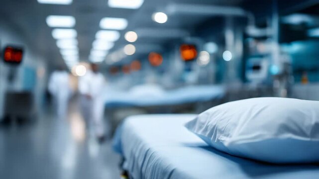 Bright sterile hospital ward interior, intentionally blurred view of multiple beds and monitors, medical equipment silhouettes, healthcare staff moving in