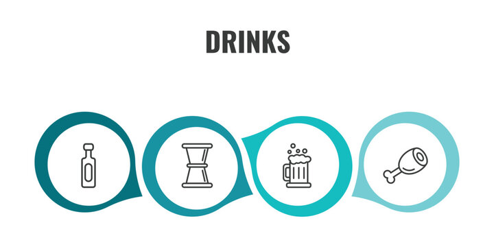 drinks outline icon set. thin line vodka, jigger, beer mug, ham icons. editable vector