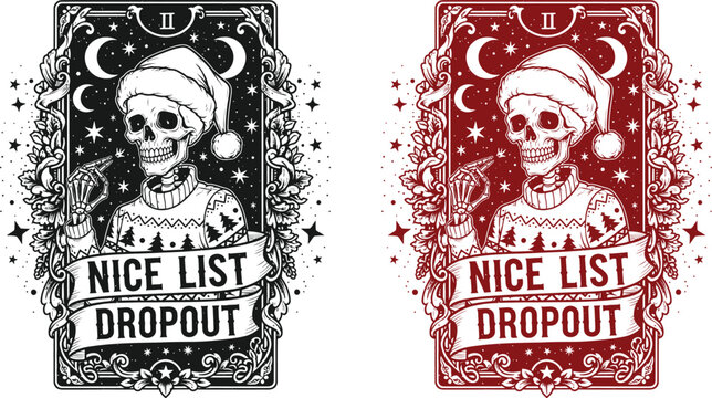 Skeleton Tarot Card Illustration with Nice List Dropout Text in Vintage Halloween Style