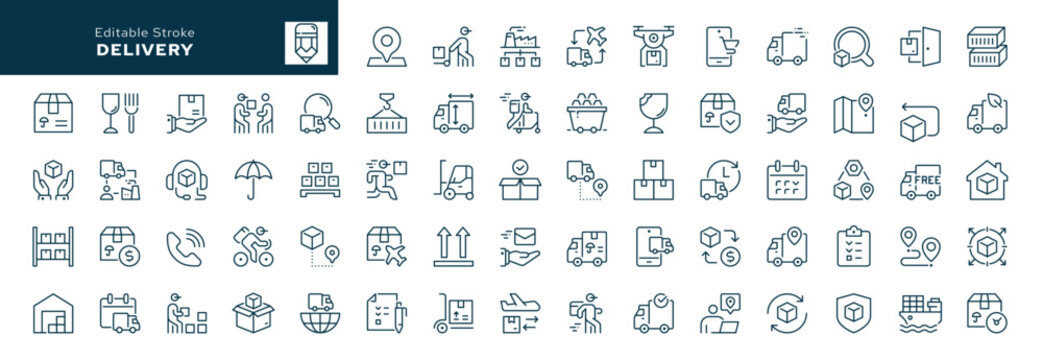 Delivery outline icons set. Logistics, shipping, cargo transportation, cargo truck, package and more. Line icon in linear style. Vector collection	