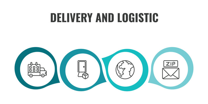 delivery and logistic outline icon set. thin line delivery schedule, delivery door, planet earth, zip code icons. editable vector