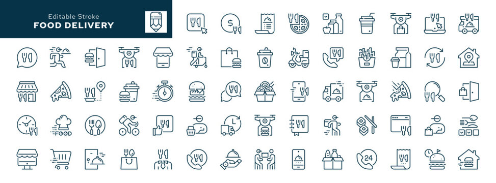 Food delivery outline icons set. Order food home, courier, fast food and more. Line icon in linear style. Vector collection	